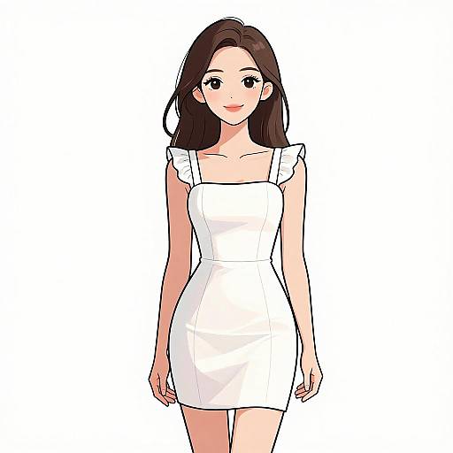 Digital anime-style illustration of a smiling woman with long brown hair, wearing a white, sleeveless, form-fitting dress, against a white background.