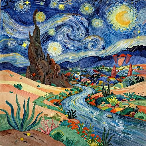 Vibrant, swirling night landscape with stars, moon, winding river, rocky hill, colorful plants, and houses in Van Gogh's style.