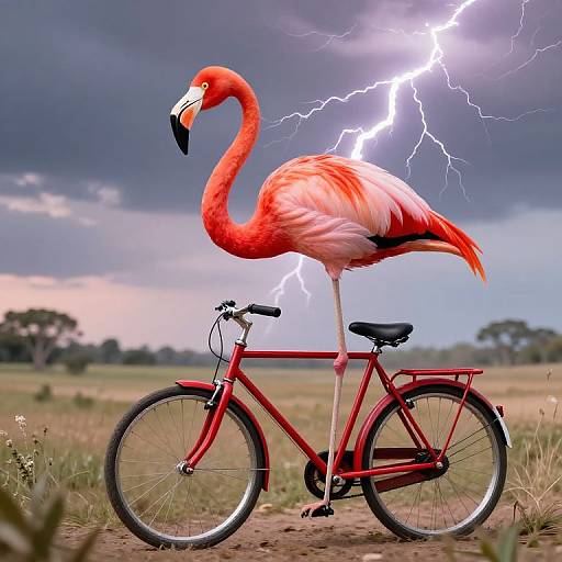 Photograph of a vibrant red flamingo perched on a red bicycle, set against a stormy sky with bright lightning, in a grassy field