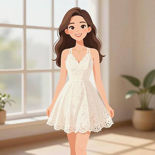 Digital illustration of a smiling, fair-skinned woman with long brown hair in a white lace sleeveless dress, standing in a sunlit room with a