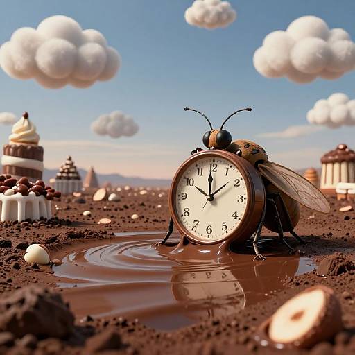 Whimsical photograph of a clock with a bee on its face standing in a chocolate puddle, surrounded by desserts under a blue sky with fluffy clouds