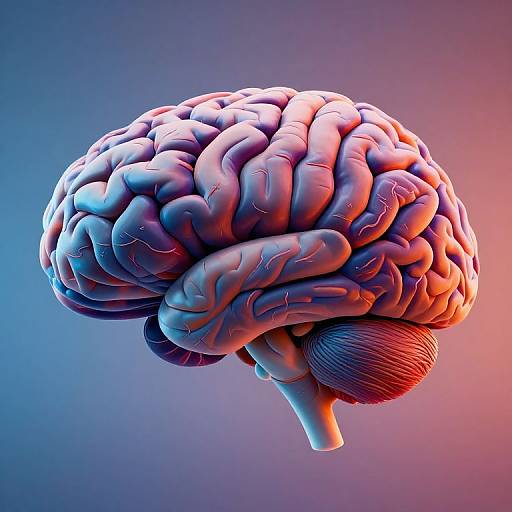 Digital 3D rendering of a human brain with vibrant blue and pink neon lighting, highlighting detailed folds and textures against a gradient background.