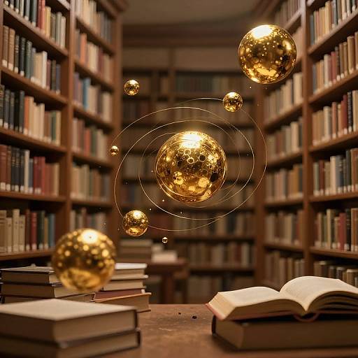 Photograph of a library with wooden bookshelves, open books on a table, and floating golden disco balls creating a whimsical, illuminated effect.