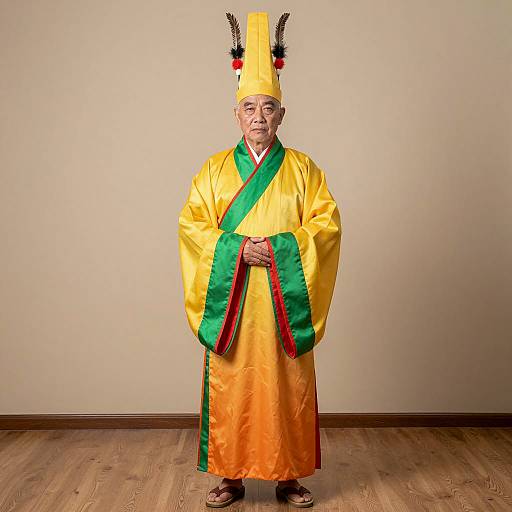 Elderly Asian man in traditional yellow robe with tall feathered hat