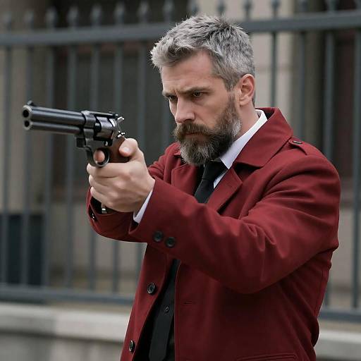 Bearded Man Aiming Revolver in Cage