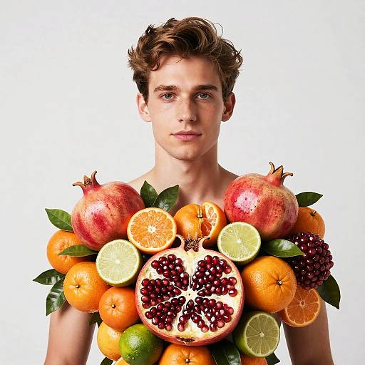Photograph of a young, fair-skinned, brown-haired man with blue eyes, holding a vibrant bouquet of whole and halved fruits, including p