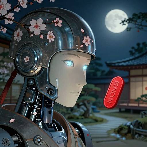 CGI image of a futuristic robot with glowing blue eyes, cherry blossom-adorned helmet, and metallic body, under a full moon, with a