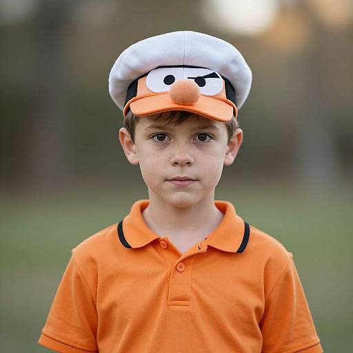 Photograph of a young boy with light skin, brown hair, wearing an orange polo shirt and a white Mickey Mouse cap, standing outdoors with a blurred