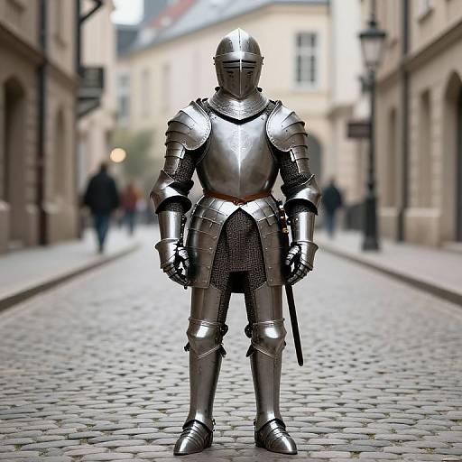 Knight in Full Armor on Cobblestone Street