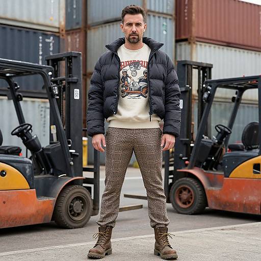 Photograph of a bearded man in a black puffer jacket, white graphic tee, brown checkered pants, and brown boots, standing between two