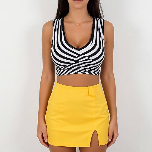Photograph of a woman with long black hair, wearing a black-and-white striped crop top and a yellow, high-waisted, slit skirt against