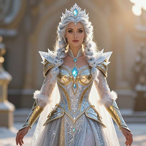 Photograph of a white-haired woman in an elaborate silver and gold fairy tale queen costume with braided hair, blue gem accents, and fur-trim
