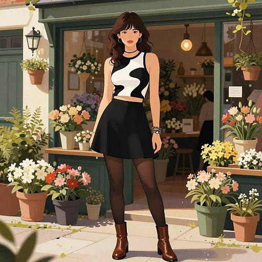 Digital anime-style drawing of a black-haired woman in a black-and-white crop top, black skirt, black tights, and brown boots, standing in