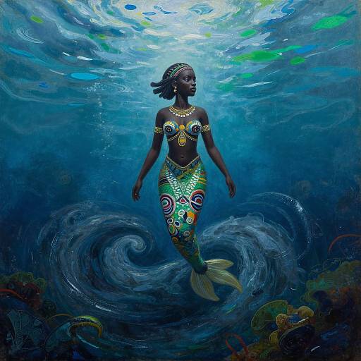 Photorealistic digital art of a dark-skinned mermaid with colorful scales, gold jewelry, and braided hair, swimming in a vibrant underwater scene