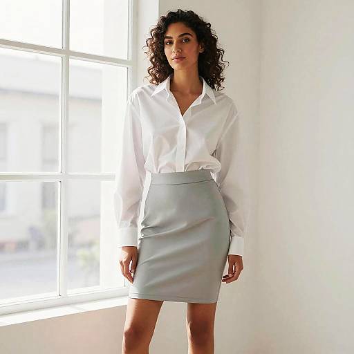 Photograph of a curly-haired woman in a white button-down shirt and light gray pencil skirt, standing near a bright window.