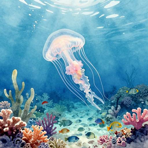 Vibrant underwater scene with a glowing jellyfish, colorful corals, and various fish swimming in a bright blue ocean. Digital art.