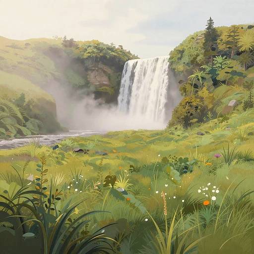 Photorealistic digital painting of a lush, green forest with a tall, white waterfall cascading into a misty pool, surrounded by vibrant wildflowers