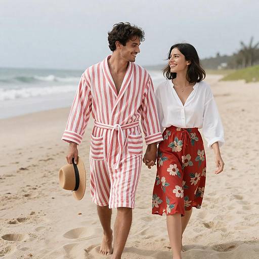 Smiling Couple Walking on Sandy Beach