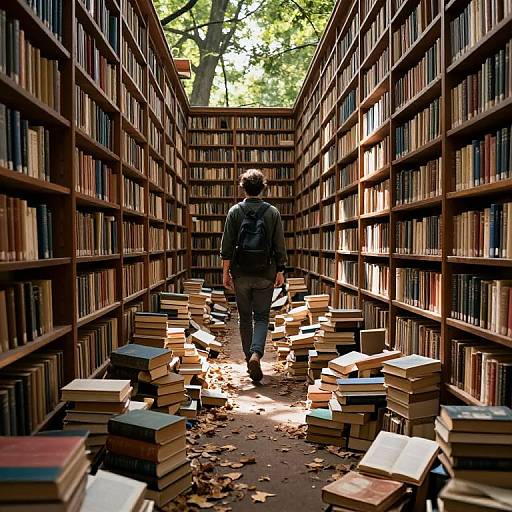 Labyrinthine Library Amidst Towering Trees