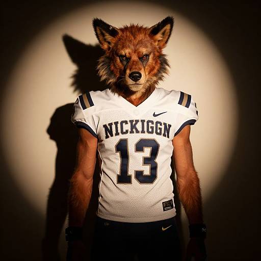 Photograph of a muscular anthropomorphic fox wearing a white 