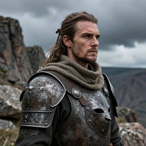 Photograph of a rugged, long-haired man in medieval, silver-embellished armor with a gray wool scarf, standing outdoors against a cloudy,