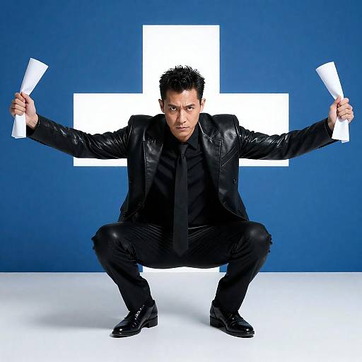 Man in Black Leather Suit Crouching with Papers