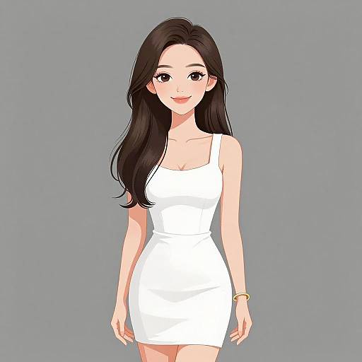 Digital anime-style drawing of a smiling Asian woman with long black hair, wearing a white sleeveless dress, against a gray background.