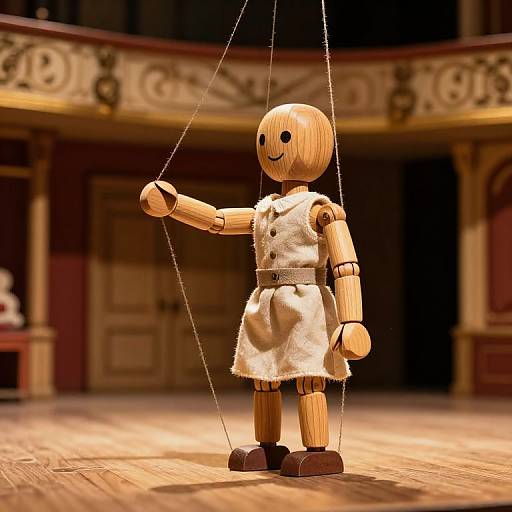Photograph of a wooden puppet with a smiling face, wearing a white sleeveless dress, suspended by strings in a dimly lit, ornate theater