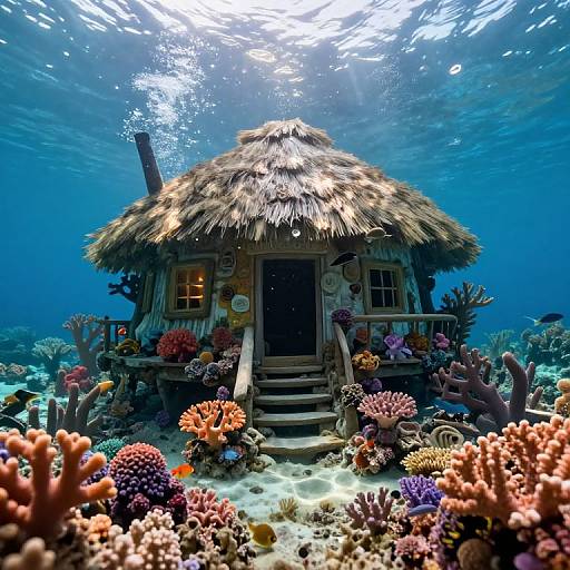 Photograph of an underwater, thatched-roof hut surrounded by colorful coral reefs, with sunlight filtering through the blue ocean water.
