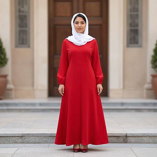 Photograph of a smiling South Asian woman in a red long-sleeve dress and white hijab, standing on stone steps in front of a wooden