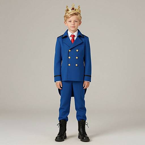 Photograph of a young blond boy wearing a blue double-breasted suit, white shirt, red tie, black boots, and a golden crown, standing