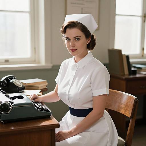 Photograph of a vintage-style nurse with fair skin, brown hair in a bun, wearing a white uniform and cap, sitting at a wooden desk with