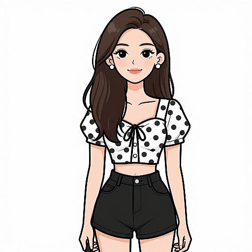 Digital drawing of a young Asian woman with long black hair, wearing a white polka dot crop top and black high-waisted shorts, smiling against