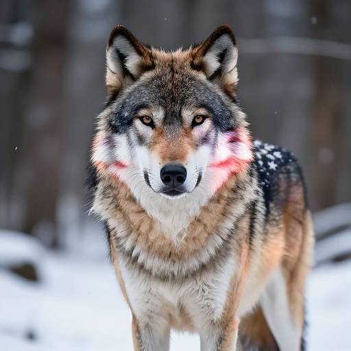 Photograph of a wolf with glowing red eyes and illuminated fur standing in a snowy forest, with a blurred, dark background.