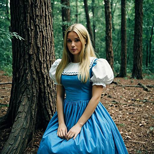 Young Woman in Blue Alice Costume in Forest