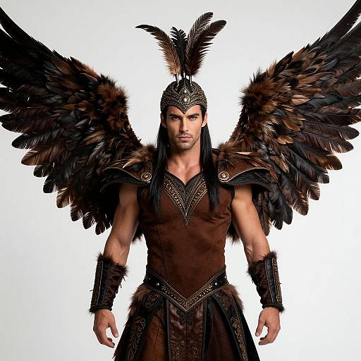 Photograph of muscular man with dark brown feathered wings, wearing ancient warrior attire, metallic headpiece, and fur cuffs, against white background.