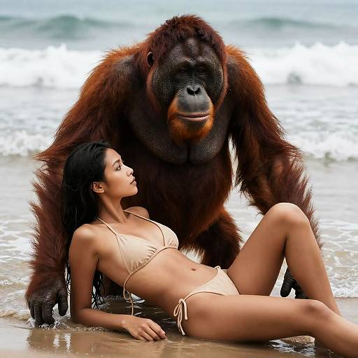 Woman and Orangutan on the Beach