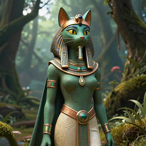 Digital art of a green-furred, anthropomorphic cat-queen with yellow eyes, ancient Egyptian jewelry, and a white skirt in a lush forest.