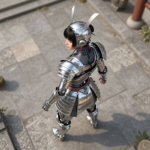 3D digital art of a child in shiny silver samurai armor with rabbit ears, standing on a stone pavement.
