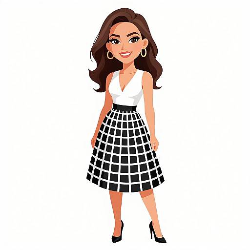 Digital illustration of a stylish woman with long brown hair, wearing a white sleeveless top, black-and-white checkered skirt, and black high heels,