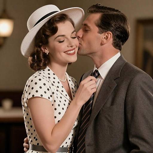 Vintage photograph of a smiling woman in a white polka dot dress and hat, being kissed by a man in a gray suit. Warm, softly lit