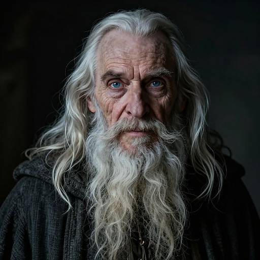 Photograph of an elderly man with long, wavy white beard, piercing blue eyes, and wrinkled face, wearing a dark, textured robe,