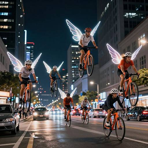 Glowing Winged Cyclists Above City