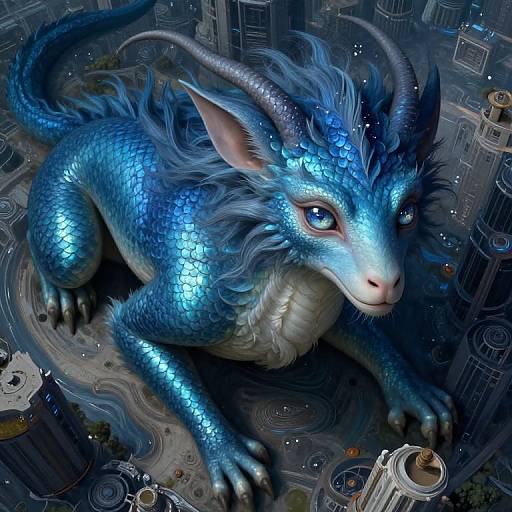 Digital art of a majestic, blue, dragon-like creature with glowing scales and fluffy fur, looming over a futuristic cityscape at night.