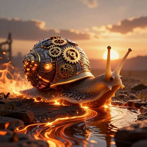 Photorealistic CGI of a metallic, gear-filled snail with glowing orange eyes, moving through a fiery, sunset-lit landscape, creating a mol