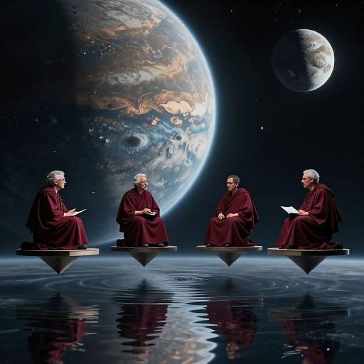 Photograph of four elderly monks in red robes, floating on water, discussing on floating platforms against a cosmic background with large planets.