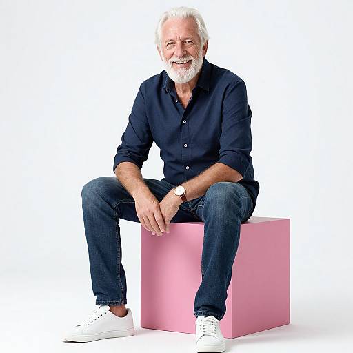 Photograph of an older white man with a white beard, wearing a navy shirt, blue jeans, and white sneakers, sitting on a pink cube against