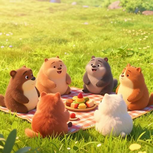 CGI image of six fluffy, cartoon-style hedgehogs sitting on a red checkered blanket in a sunlit, green grassy field, enjoying