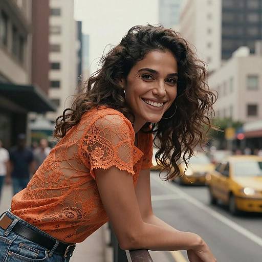 Photograph of a smiling woman with curly brown hair, wearing an orange lace top and denim jeans, leaning on a city street railing with yellow taxis in