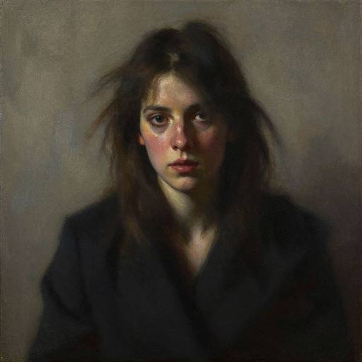 Realistic digital painting of a young woman with disheveled dark hair, intense brown eyes, and a somber expression, wearing a dark cloak against
